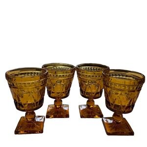 Vintage Indiana Glass Colony Park Lane Amber Footed Water Goblet (Set of 4)